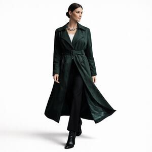 London Fog Green Microsuede Trench Coat Petite 10 Belted Fully Lined Classic